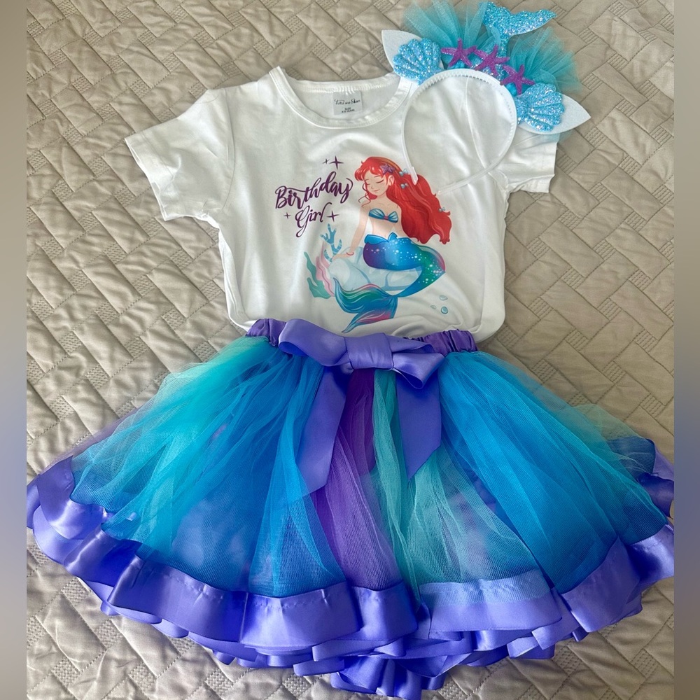 Mermaid birthday Outfit Set – Shirt, Rainbow Tutu Dress, Headband